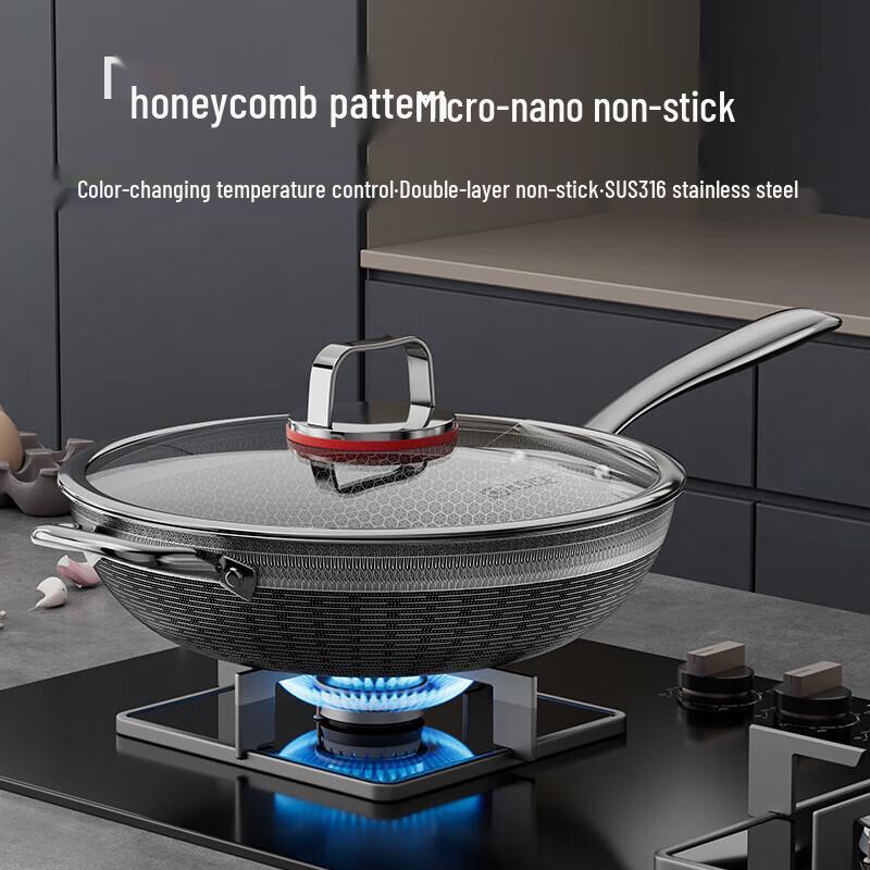 KSISE Gold Platinum 316 Stainless Steel Non-stick Wok with Heat Indicator, 32cm