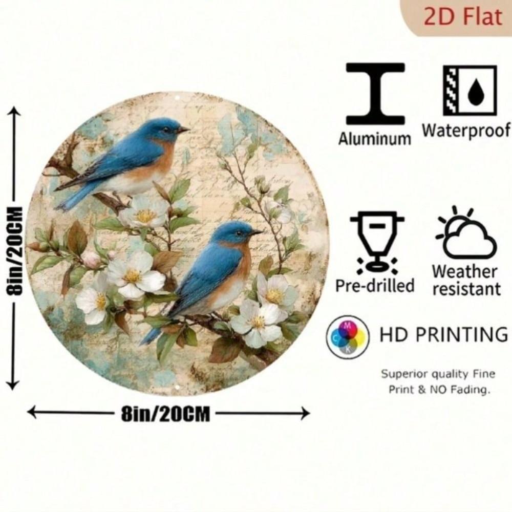 Vintage Blue Bird Flower Round Metal Tin Sign 20cm Home Garden Wall Decor