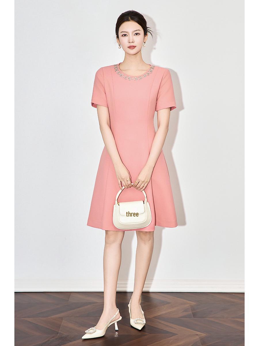 

Round Neck Studded High-End Women s Spring Dress with Waist-Slimming Design M