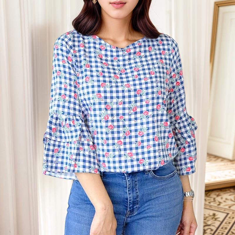 ZANZEA Women Floral Print Casual Round Neck 3/4 Sleeve Loose Plaid Blouse