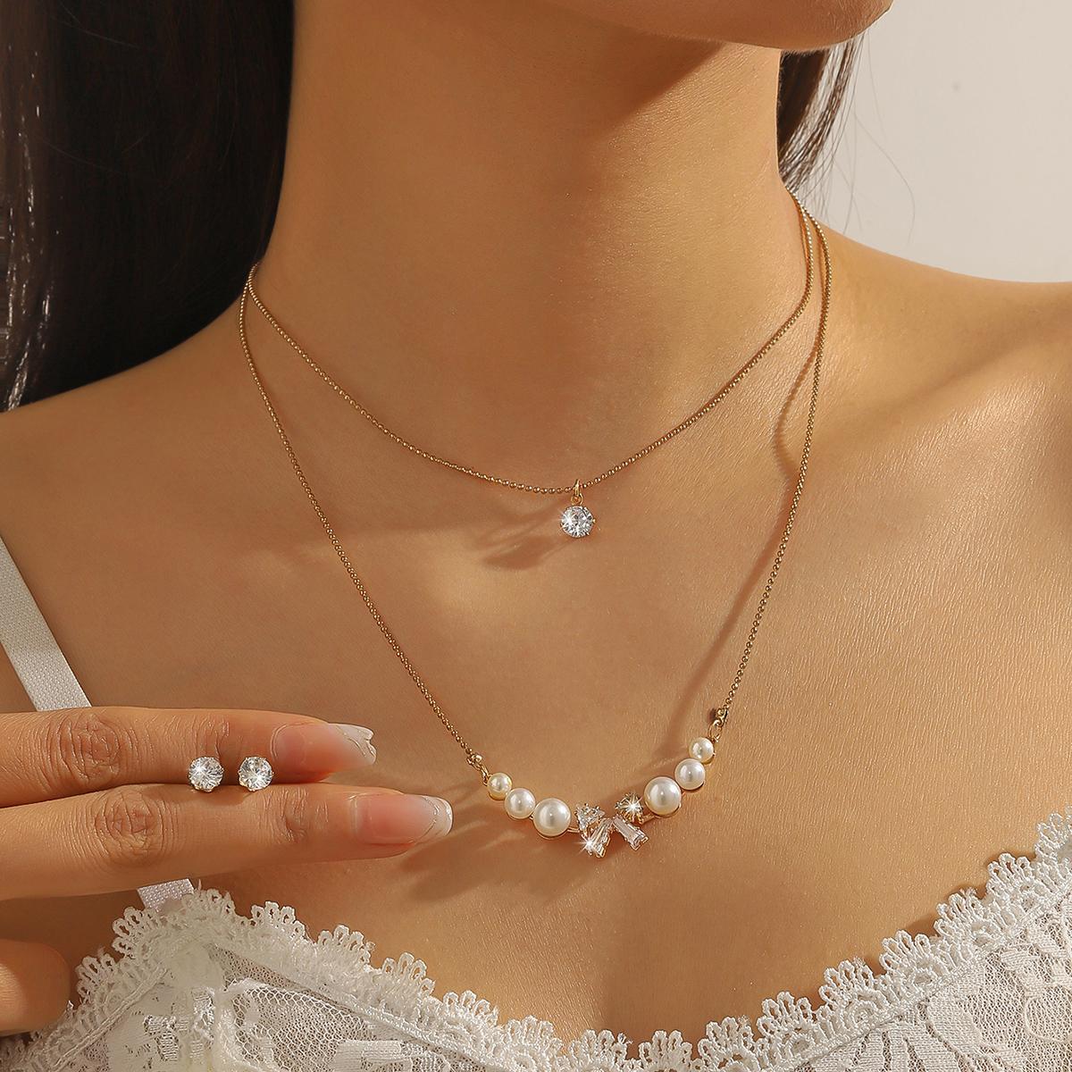 

3 предмета женское модное и простое многослойное ожерелье с бантом из циркона, набор серег с цирконами, для повседневной носки, подарки на вечеринку и праздник