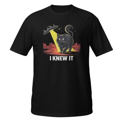 Katze und UFO Unisex 100% Baumwolle T-Shirt Herren Oberteil, Retro Raumschiff Sci-Fi Mars Weltraum Haustier Spaß Außerirdischer