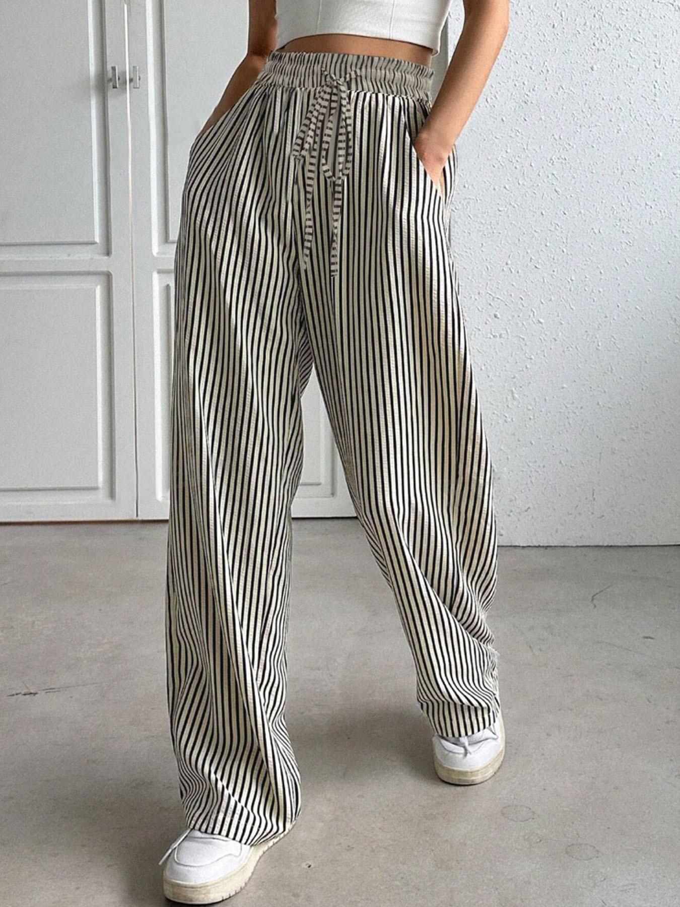 Europe and the United States cross-border foreign trade women s clothing explosion independent station shein Amazon temu striped casual trousers S чёрный