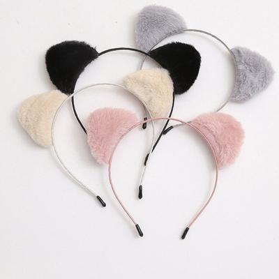 Women Hairband Soft Fluffy Plush Cartoon Kitty Ear Decor Elastic Narrow Brim Anti-slip Regular Fit Solid Color Head Decoration Hair Hoop