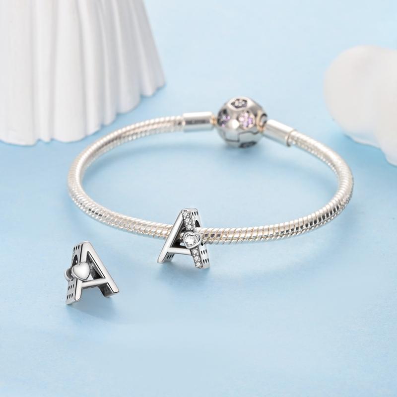 Fit Original Bracelet Bead Copper Heart Shape Zircon A-Z Letter Charms Beads For Women Jewelry Making Gift