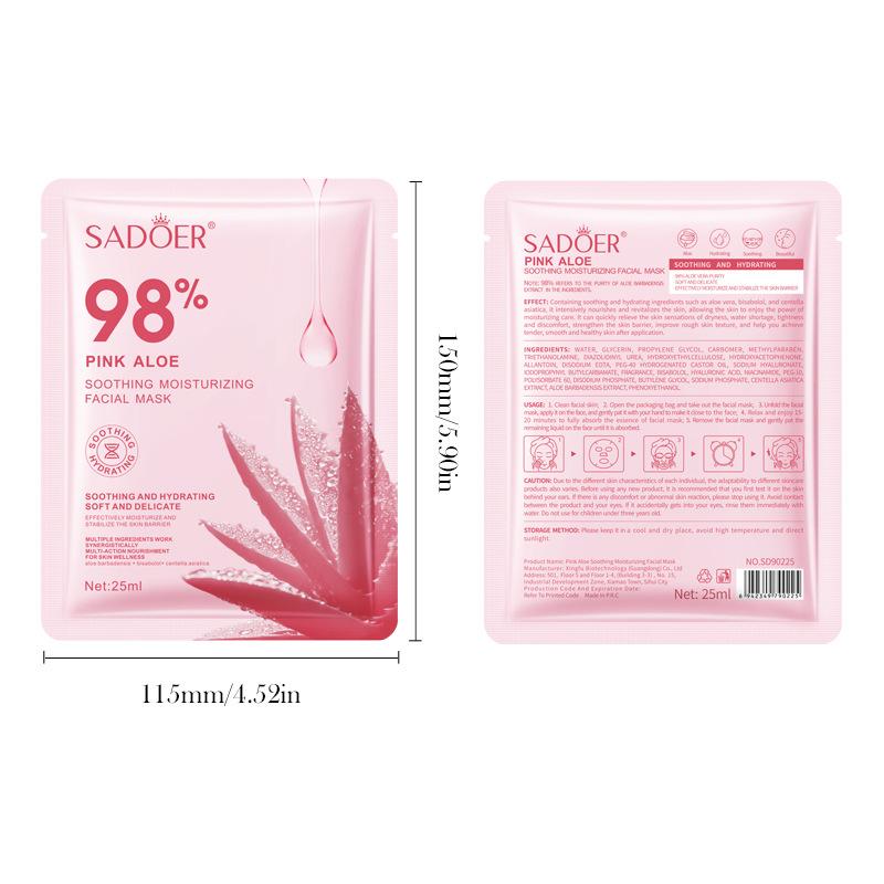 98% Pink Aloe Facial Mask Hydrating Sheet Mask Soothing Moisturizing Face Mask Softening Nourishing Skin Care 10pcs