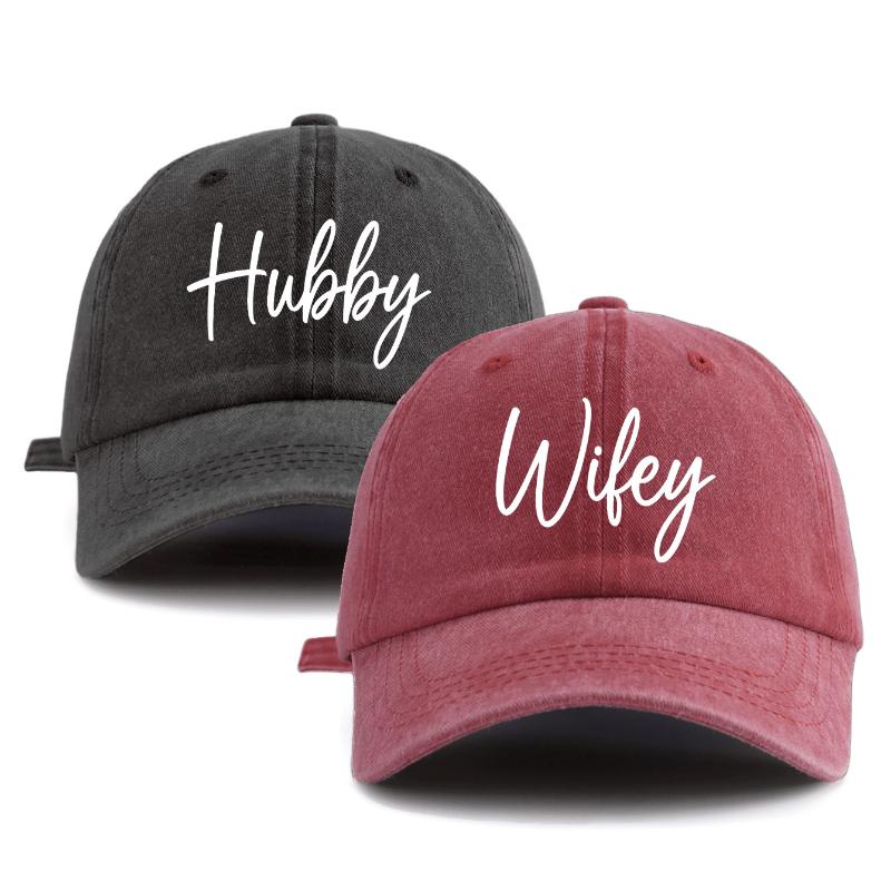 2 Pcs HUBBY WIFEY Print Washed Baseball Cap,Classic Casual Stylish Retro Adjustable Lightweight Sun Protection for Outdoor Sport