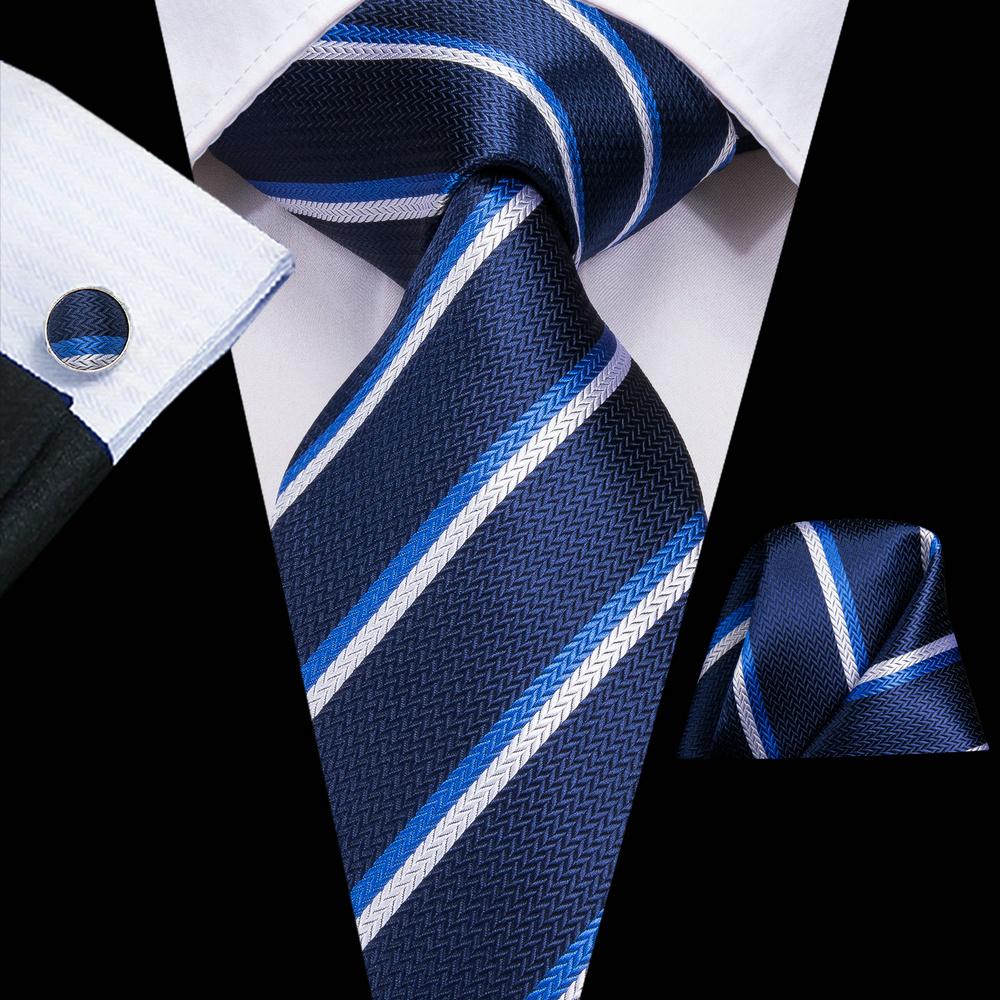 Hi-Tie Business Formal Striped Tie Jacquard Woven Silk Necktie Handkerchief Cufflinks Set for Men