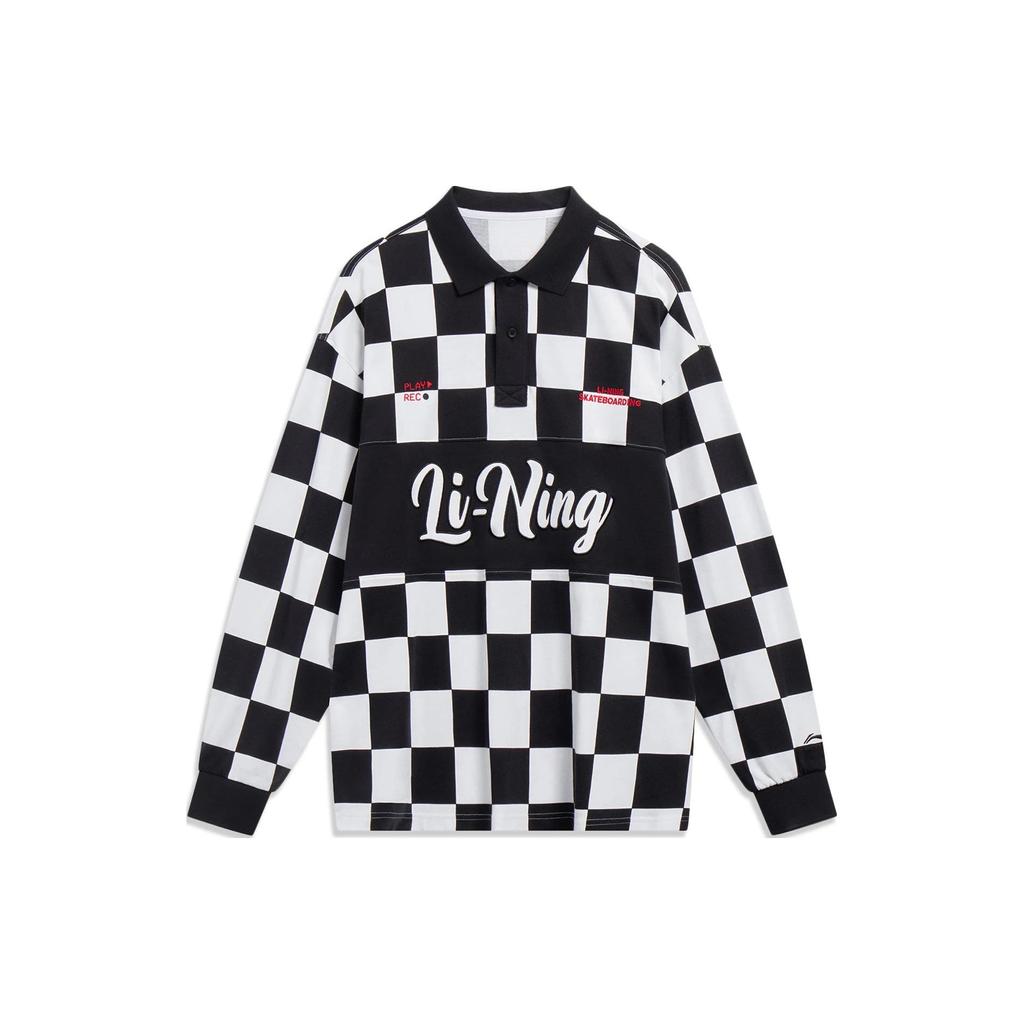 Li-Ning Skateboard Series Logo Embroidered Checkered Print Loose Long Sleeve Polo Shirt Men Tops Black APLT013-1