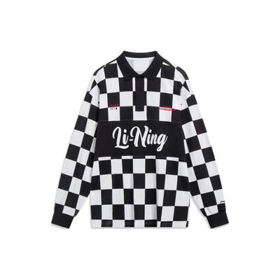 Skateboard Series Logo Embroidered Checkered Print Loose Long Sleeve Polo Shirt Men Tops Black APLT013-1