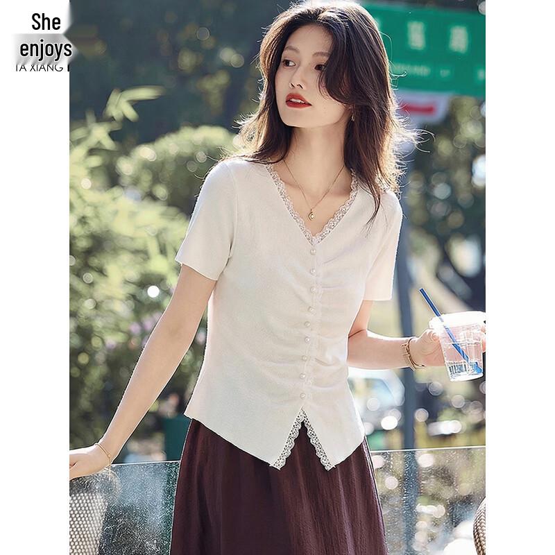 

Women s V-Neck Knit Short Sleeve Slim Fit T-shirt M