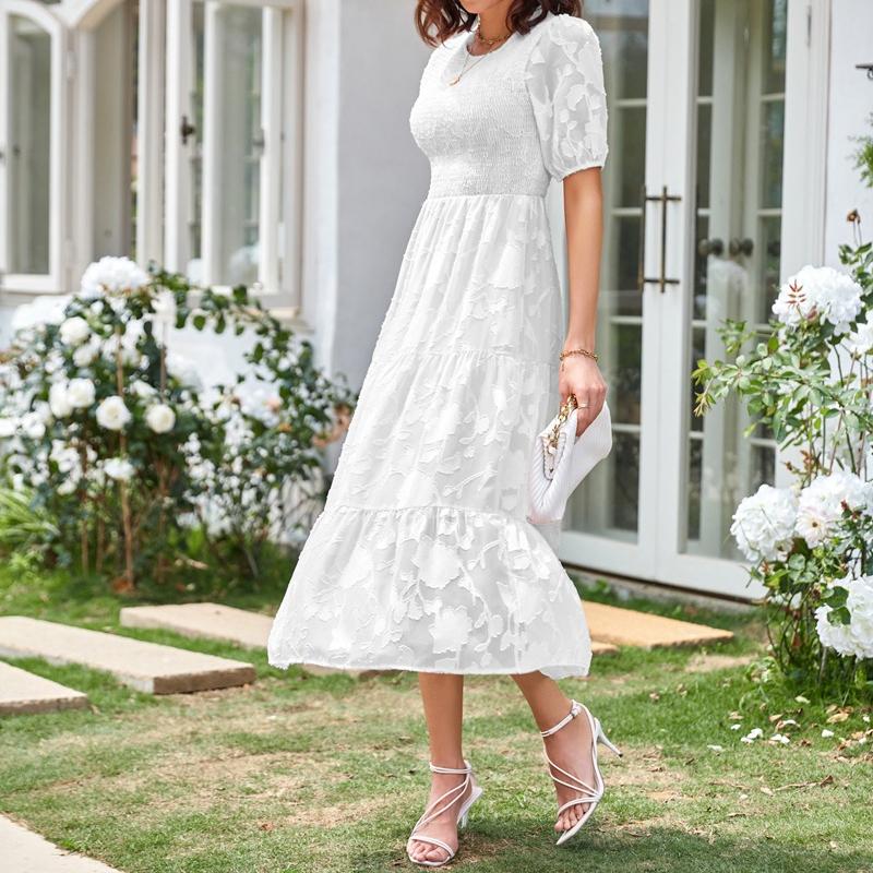 YYFS Women's Fashion Summer Spring Solid Color Print Short Sleeve O-Neck High Waist Casual Dresses