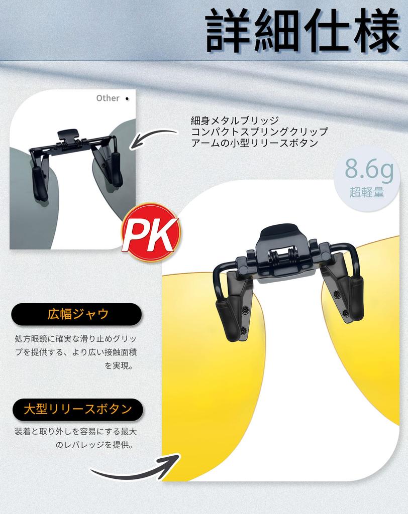 [Joopin] Clip-on Sunglasses for Night Driving, Night Vision, Anti-Glare, Yellow Lens, Flip-Up Style, Attaches To Glasses, Thin and Lightweight, Metal