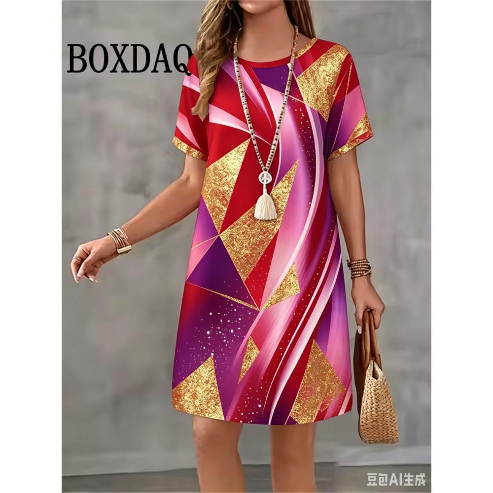 Summer New Round Neck Short Sleeved Abstract Design Printed Loose and Fashionable Women's Dress