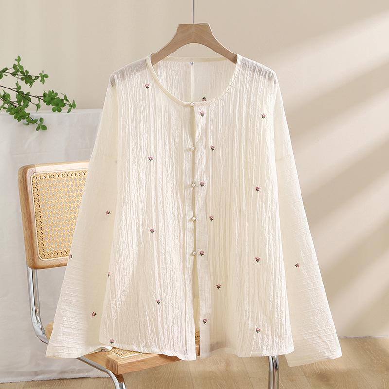 Dian Dian Hanfu Tencel Embroidered Floral Ming Dynasty Round Neck Short Sleeve Shirt XXL белый