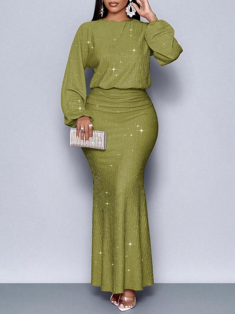 New Style Rhinestone Long Sleeve Fishtail Ruffles Pleated Dress