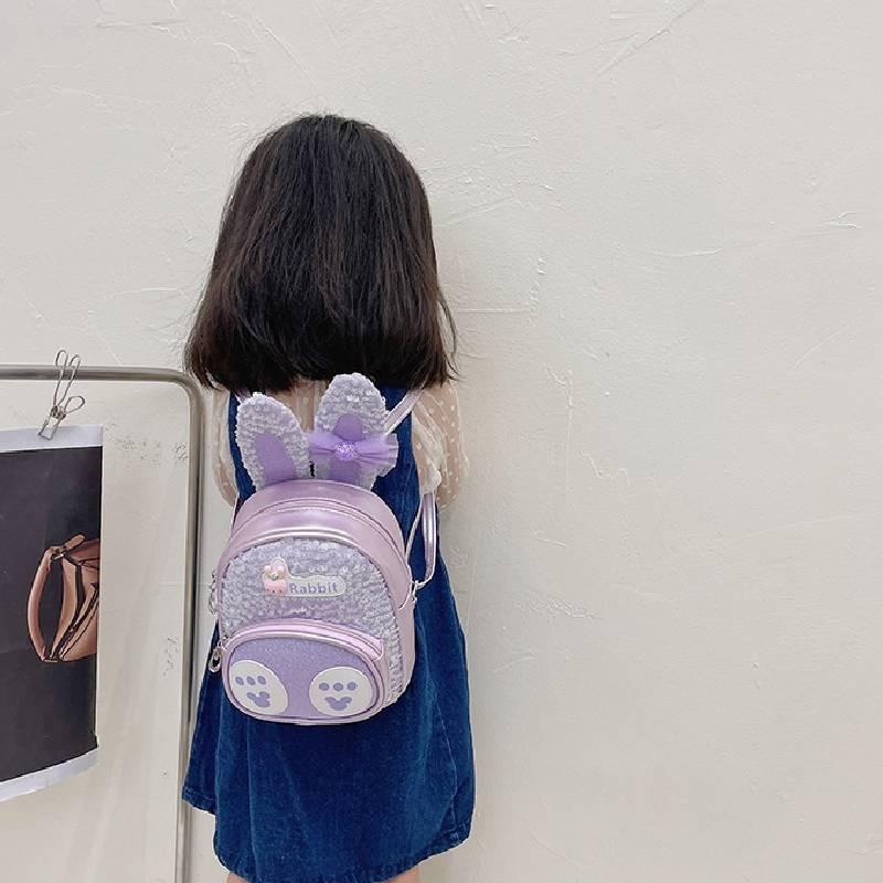Adorable Bunny Ear Cartoon Kids Backpack Stylish Korean Design Sequin Pu Material