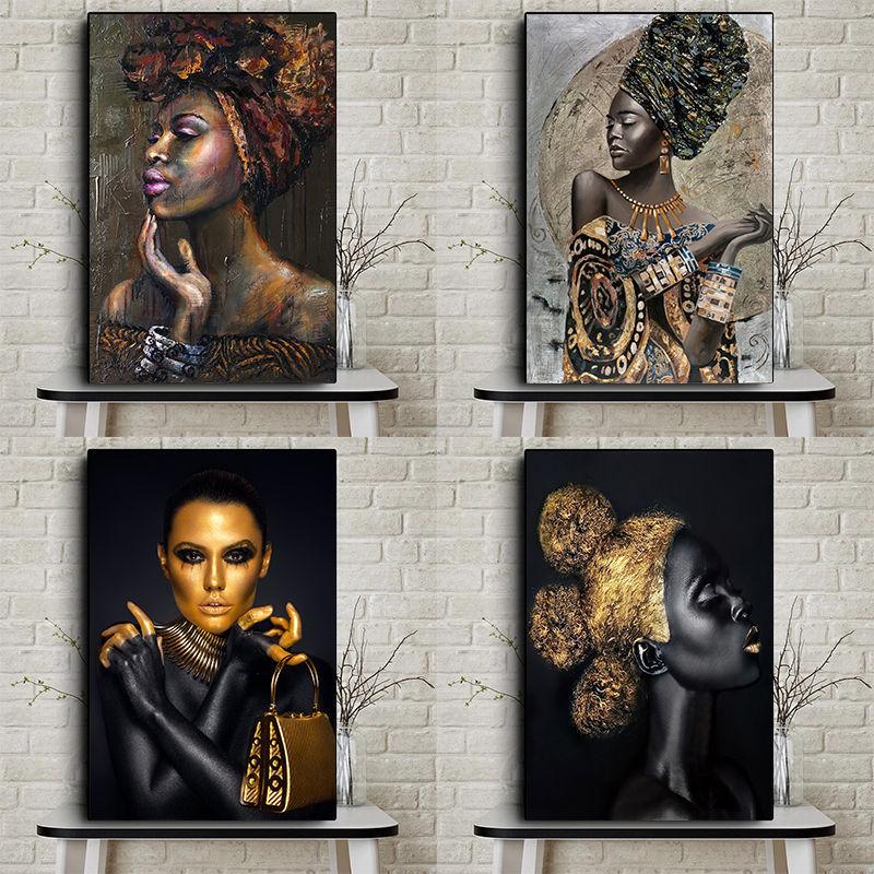 African Art Black and Gold Woman Oil Painting On Canvas Picture for Living Room Contemplator Posters and Prints Scandinavian