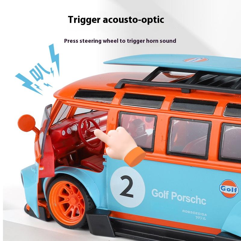 1/24 Volkswagen T1 Bus Gulf Oil Martini Low Ride Wide Body Modifiziert Legierung Metall Diecast Modellauto Sound & Licht Hobby Geschenke Junge