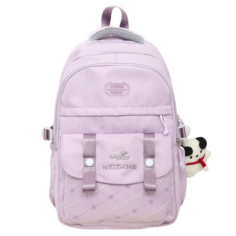 Color Blocked Letter Embroidery Student Backpack With Plush Pendant For Daily Use