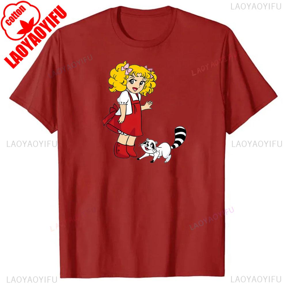 Little Girl with Red Dress and Yellow Hair and Raccoon Vibrant Cartoon Graphic Tee for Women Soft Round Neck Casual & Sporty