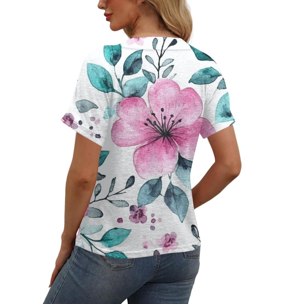 Moda Donna Top a Fiori Manica Corta Scollo a V Casual T-shirt con Bottoni Top