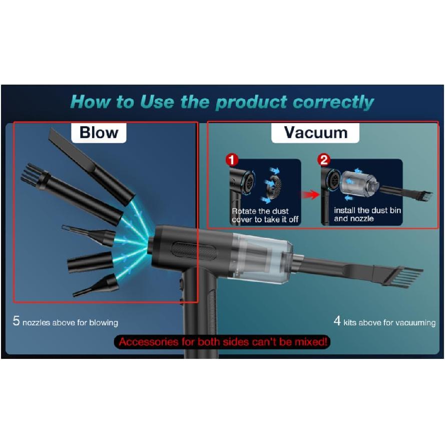 Cordless Handheld Car Vacuum, 12000Pa Strong Suction Mini Vacuum Rechargeable, Compressed Air Duster, Air Blower and Cleaner, 3-in-1 Design, 3 Gear,