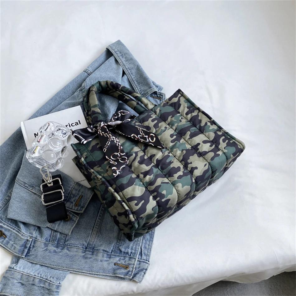 Elegant Women's Totes Bags with Silk Scarf Accent Winter Quilted Crossbody Bags for Women Casual Solid Color Padded Shoulder Bag