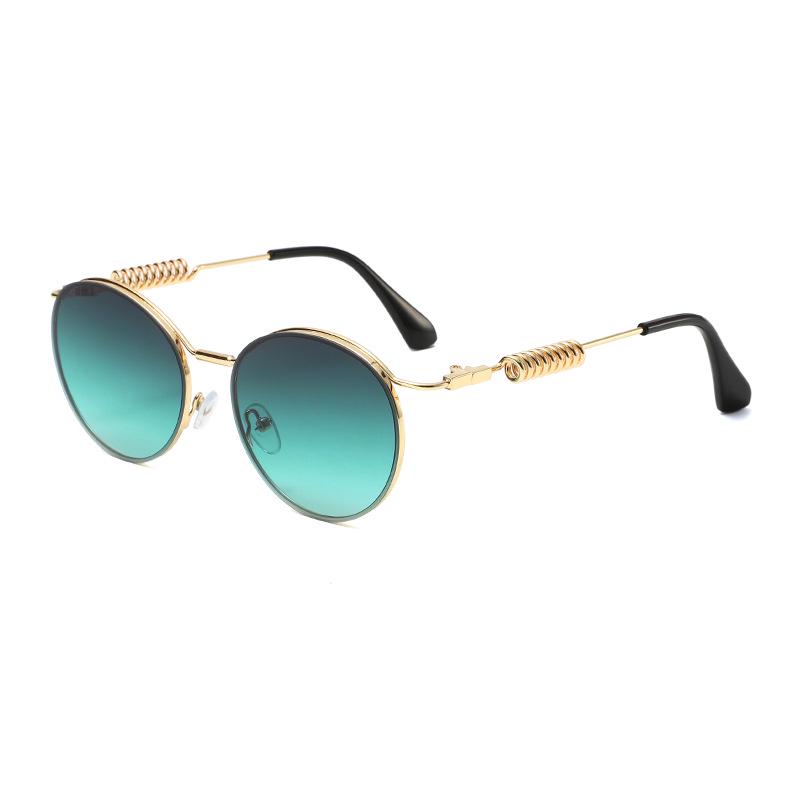 Cross-Border Metal Style Fashion Sunglasses: Women s Round Frame with UV Protection Gold Frame Gradient Green Lens