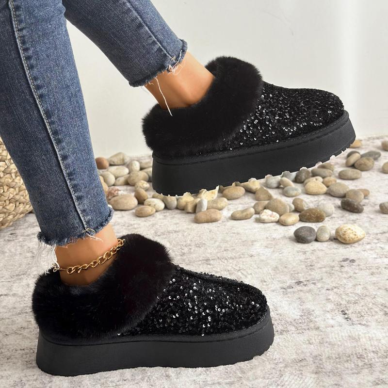 Fashion Luxury Sequined Fabric Non Slip Snow Boots Women 2025 Winter Comfort Fur Thick Bottom Ankle Boots Warm Short Plush Booties
