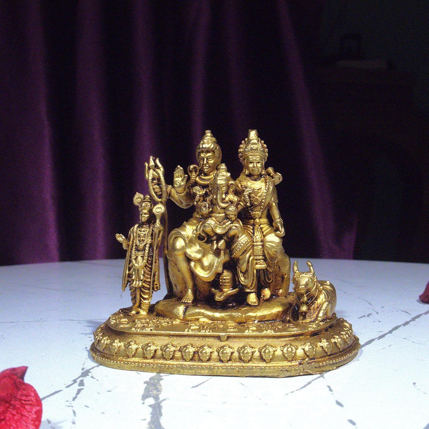 Brass Shiv Parivar Idol 5cm | Antique Golden Finish Lord Shiva Parvati Ganesh Kartikeya Statue