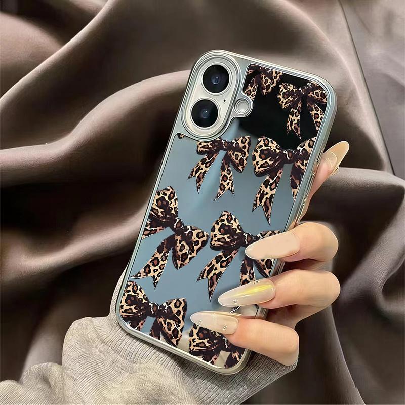 Fashion leopard print bow multifunctional makeup mirror phone case suitable for iPhone 17 16 15 14 13 12 11 Pro/Max/Plus