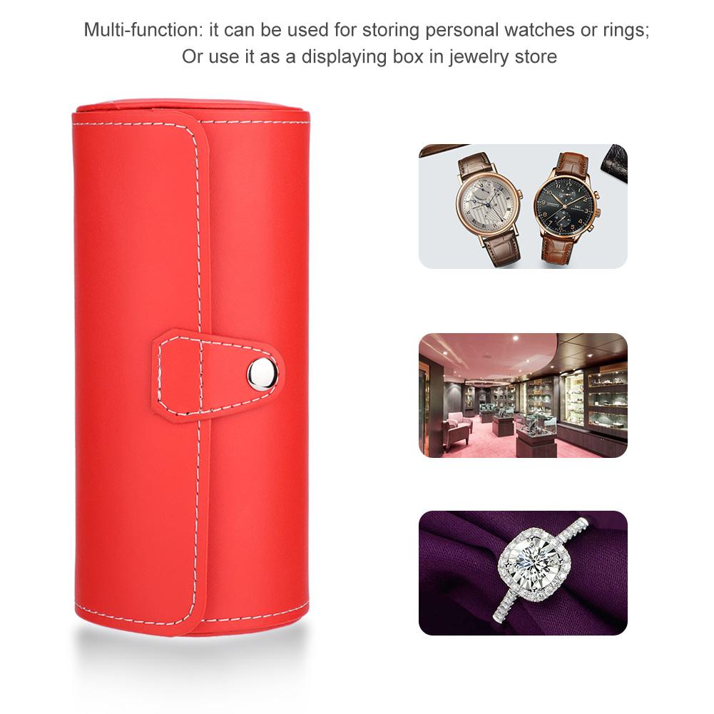 Wristwatch Watch PU Roll Holder Rings Earrings Display Case Jewelry Gift Box Storage (Rose Red)