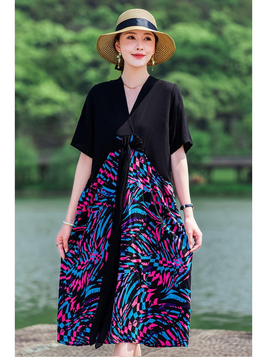 

Plus Size V-Neck Ginkgo Leaf Lace-Up Maxi Dress - Spring/Summer 4XL