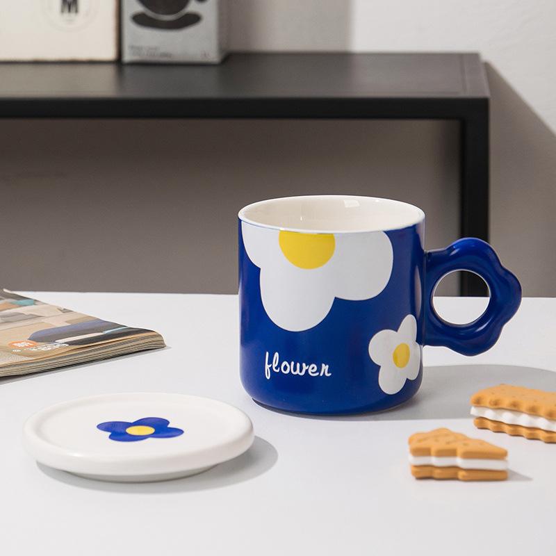 Summer Flower Ceramic Cup Cute Mug with Lid Couple Water Cup Women's Cup Design Sense Ins Style Coffee Cup