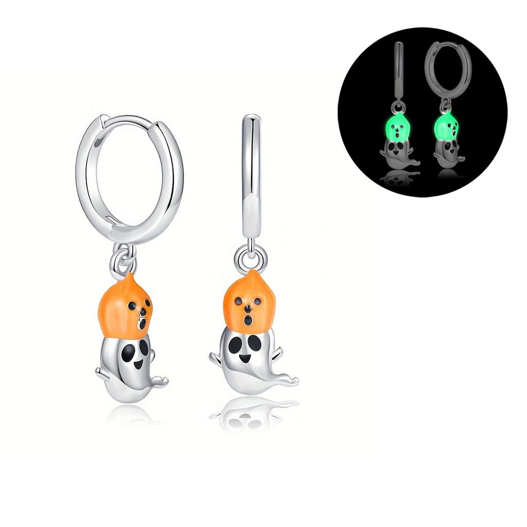 Sparkling Pearl Heart Hoop Earrings 925 Silver Bat Ghost Halloween Earrings Luxury Women Fine Jewelry Gift