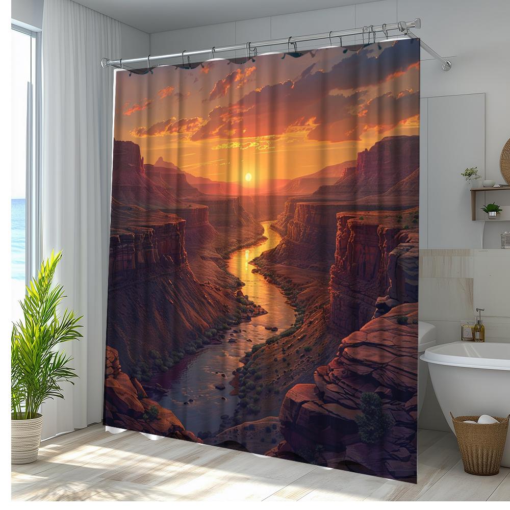 1pc Scenic Sunset Shower Curtain - Vibrant Canyon Landscape Design, Durable Polyester Fabric, Machine Washable, 70.8x70.8 Inches