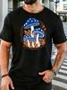Unisex Retro Blue Spotted Mushroom Nature Graphic Cotton Short Sleeve Tee Crew Neck Soft Male Summer Casual Breathable Street Top
