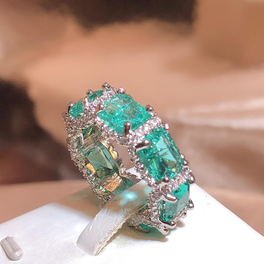 925 Stamp High-definition Paraiba Zircon Jewelry Heavy Industry Inlaid Aquamarine Topaz Ring Women's Party Wedding Rings