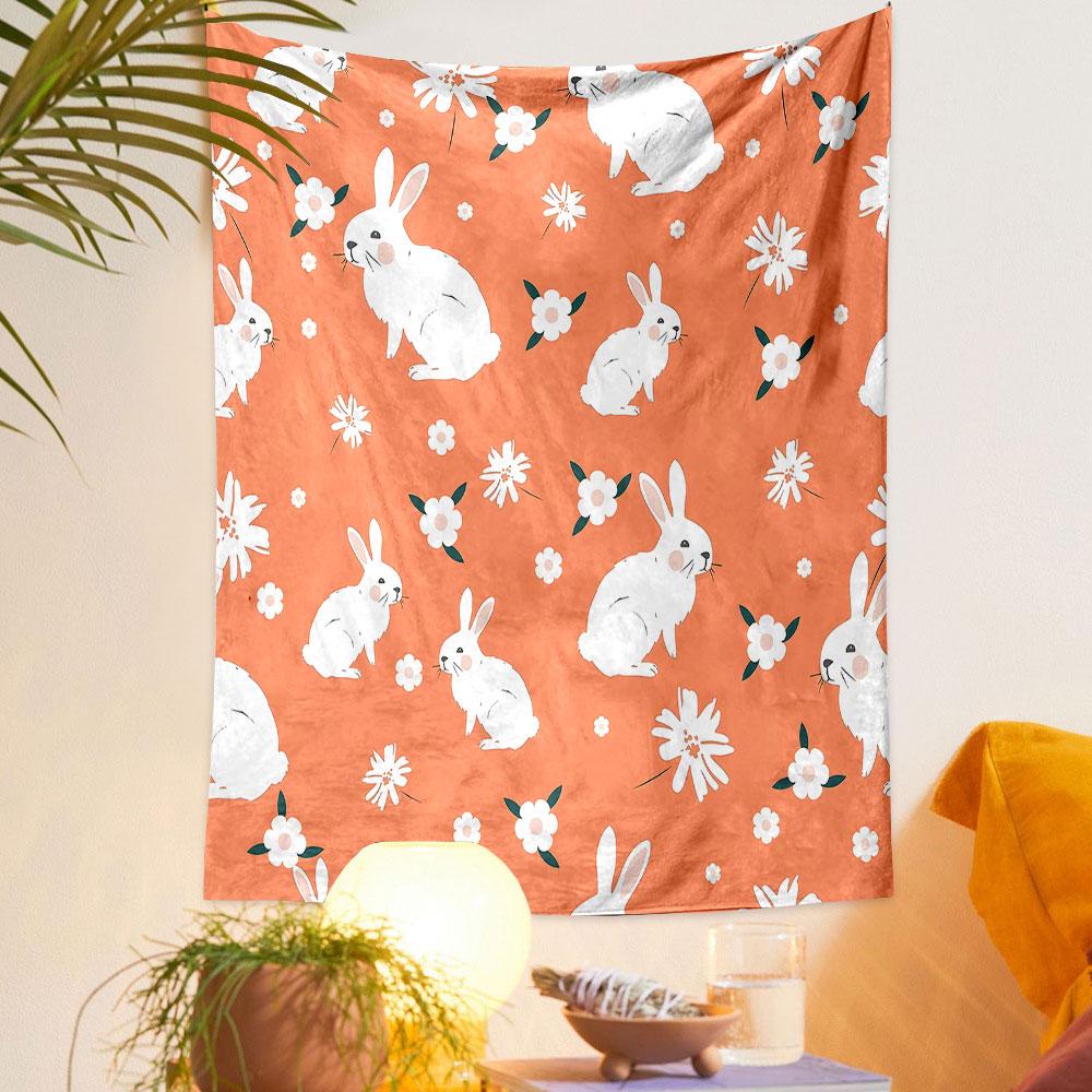 Orange Background with Cute White Rabbits Patterned Tapestry Decorative Wall Hanging, Home Bedroom Living Room Decor