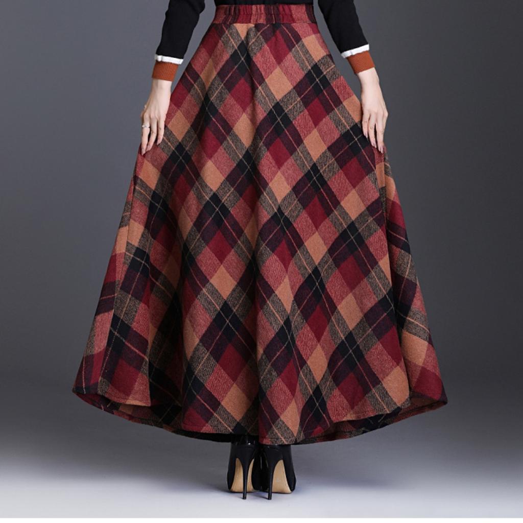 Tooxika – Neuer, übergroßer Woll-Halbrock für Damen mit hoch tailliertem, kontrastierendem, kariertem Saum