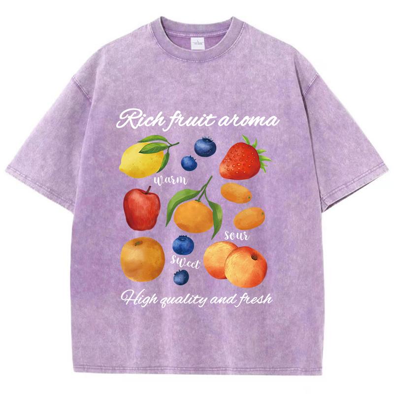 Damen gewaschene T-Shirts Druck mit reichem Fruchtaroma Kurzarm Baumwolle Rundhals Oversize Oberteile Vintage Damenbekleidung