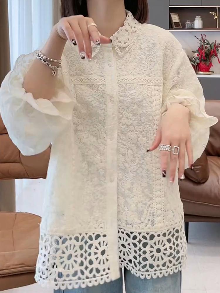 Korean Style Openwork Lace Lapel Blouse - 2025 Spring Women's Loose Fit, Long Sleeve