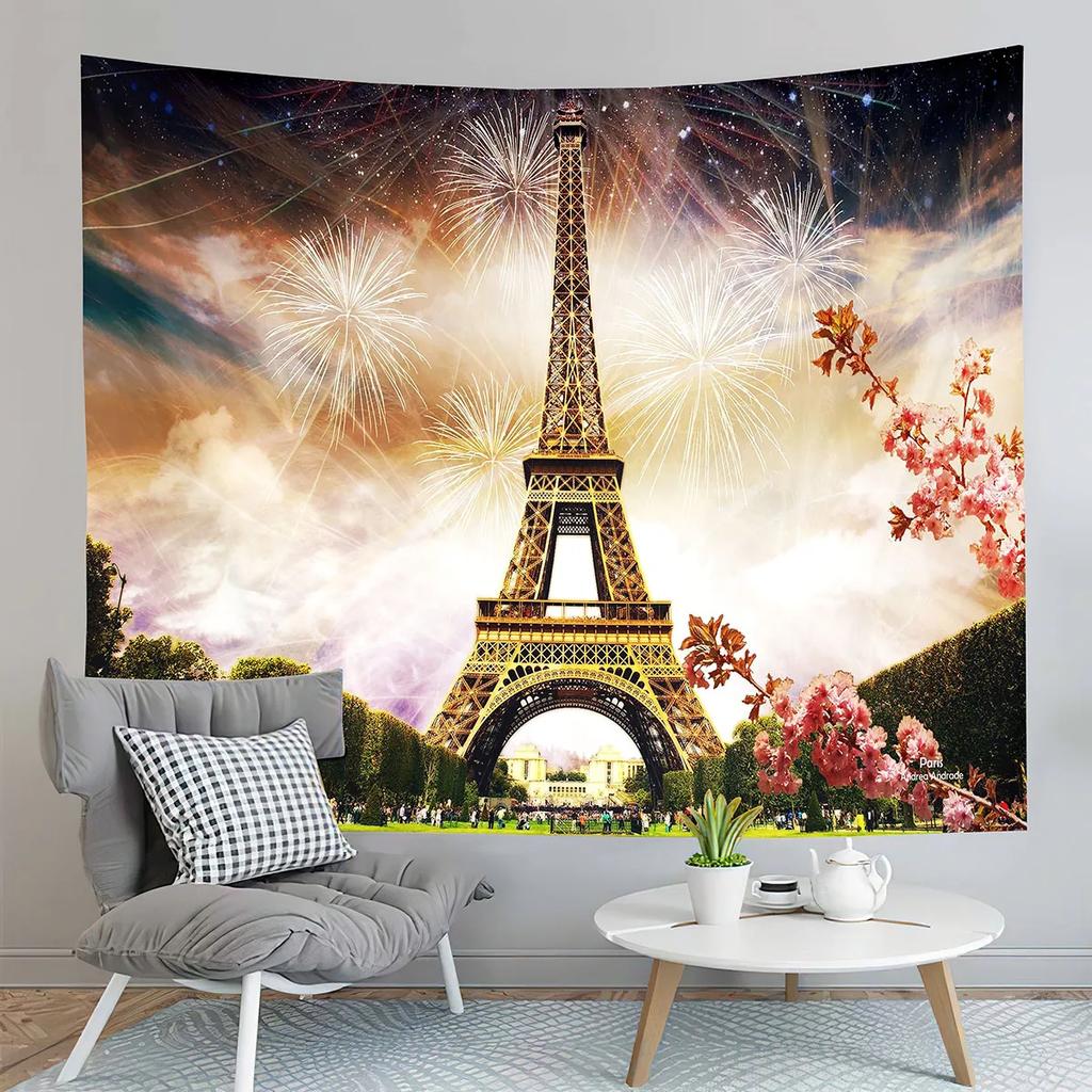 Paris Eiffel Tower Tapestry Sunset Night View Tapestry French Landmark Tapestry Living Room Bedroom Dorm Wall Hanging Blanket