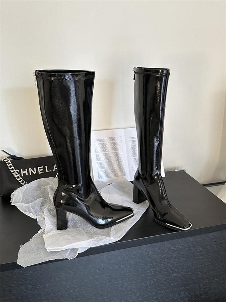 Mode Eckige Zehen Damen Kniehohe Stiefel Lackleder Damen Ritterstiefel Dicke Hohe Absätze Mode Party Pumps Reißverschluss hinten Kleiderschuhe