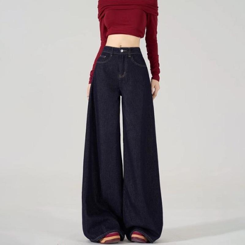 Autumn and winter women's new dark blue loose wide-leg pants with drape mopping denim trousers straight batch