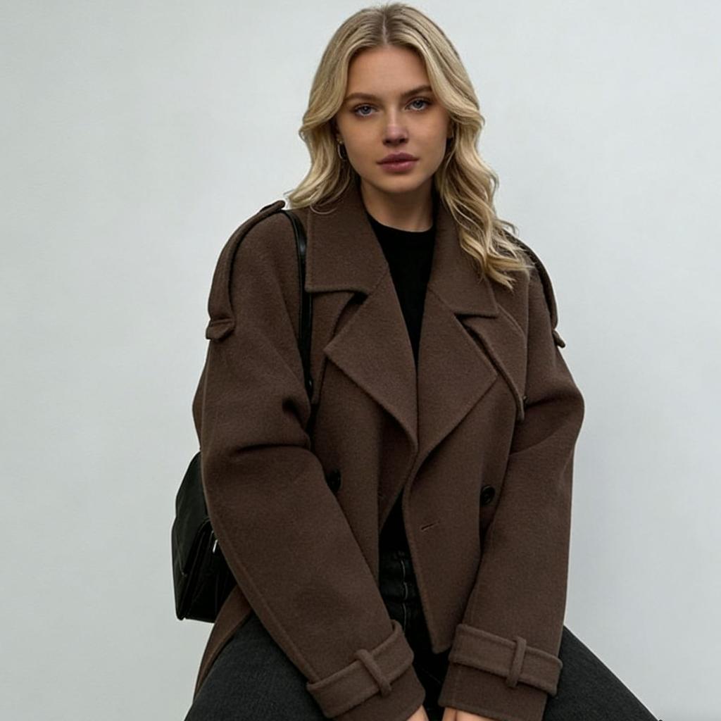 Women's Wool Blend Coat Big Lapel Short Belted Jacket Fashion Double Breasted Winter Woolen Overcoat With Belt Slim Fit