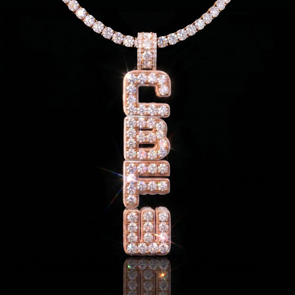 Collana Pendente Nome Verticale Lettere a Doppio Strato Iced Out Personalizzata Argento Sterling 925 Carattere Pennellato Lettera Pendente Moissanite VVS