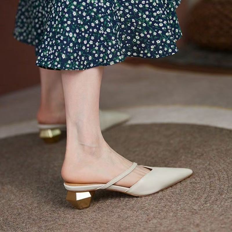 

Кожаная сумка с плоским дном и полушлепанцы для женской летней носки, новый острый носок, толстый геометрический каблук для женщин 41 зелёный