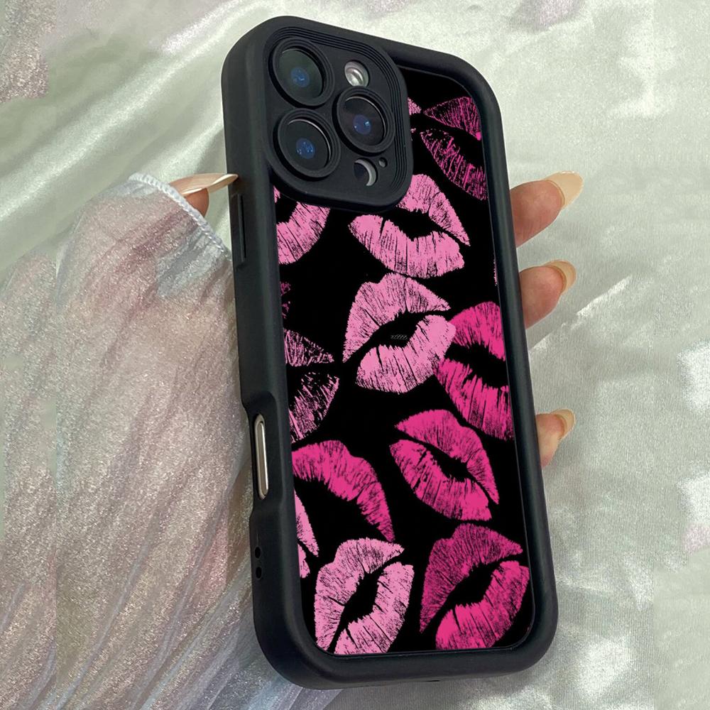 JT203 Cute Black and Pink Lips for iPhone 17 16 15 14 Pro Max Samsung S26 S25 Ultra A17 A16 A07 A56 Xiaomi 15T Redmi 15c 14C Note 13 Soft TPU Case